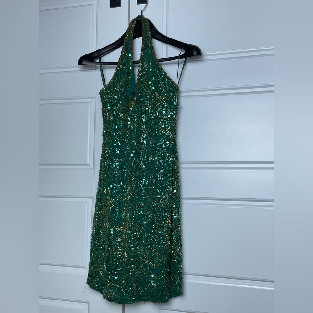 90's Niteline Silk Sequin Beaded Halter Hoco Dress Vintage